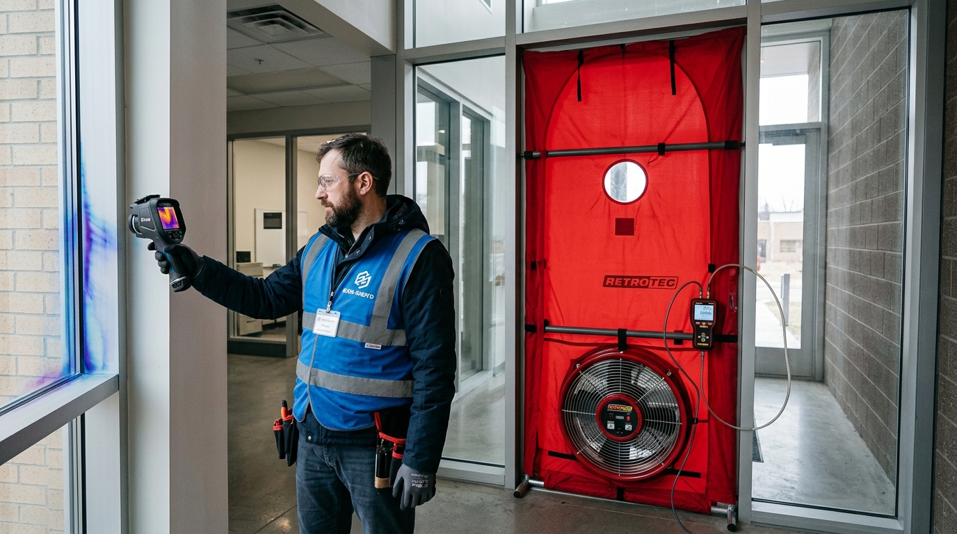 Тестирование герметичности здания комплексом аэродверь Blower Door и тепловизор