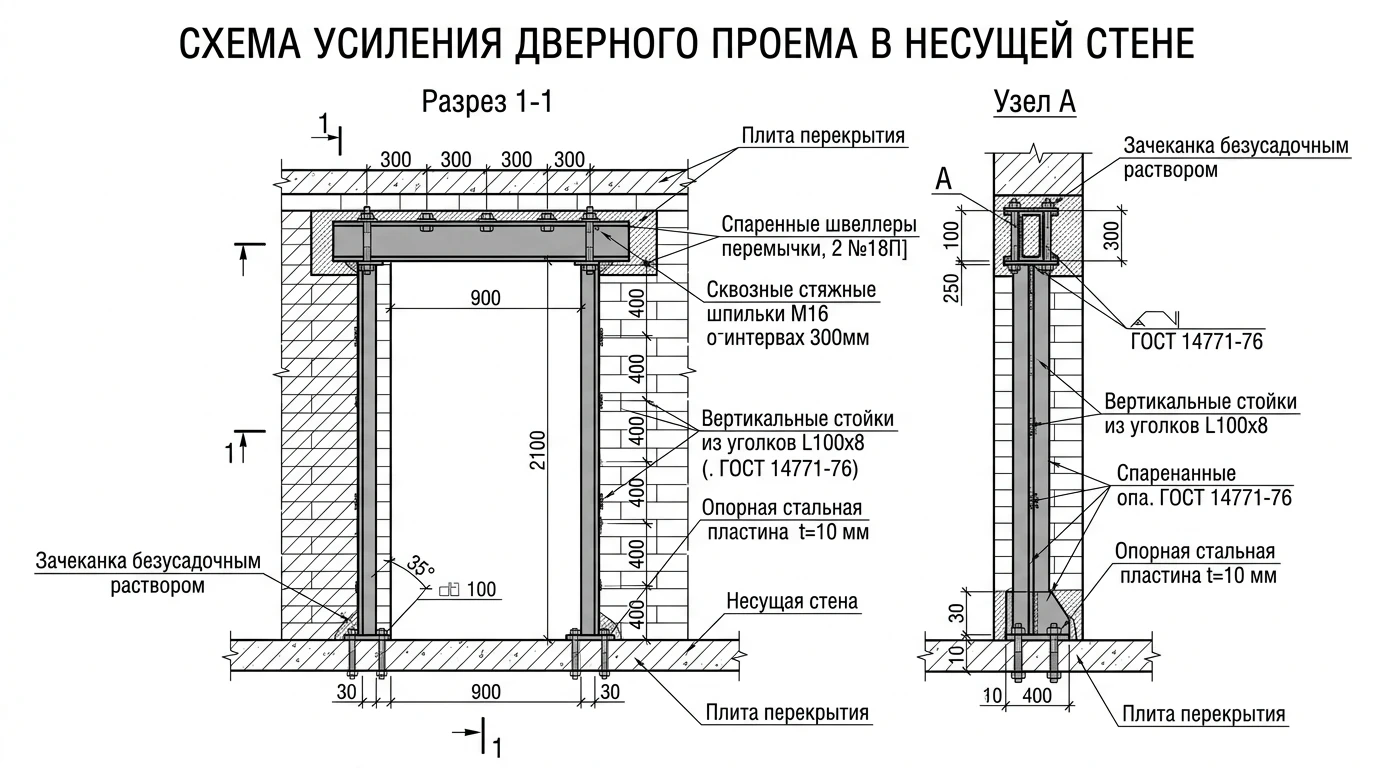 Чертеж и схема усиления проема в несущей стене спаренными швеллерами и уголками