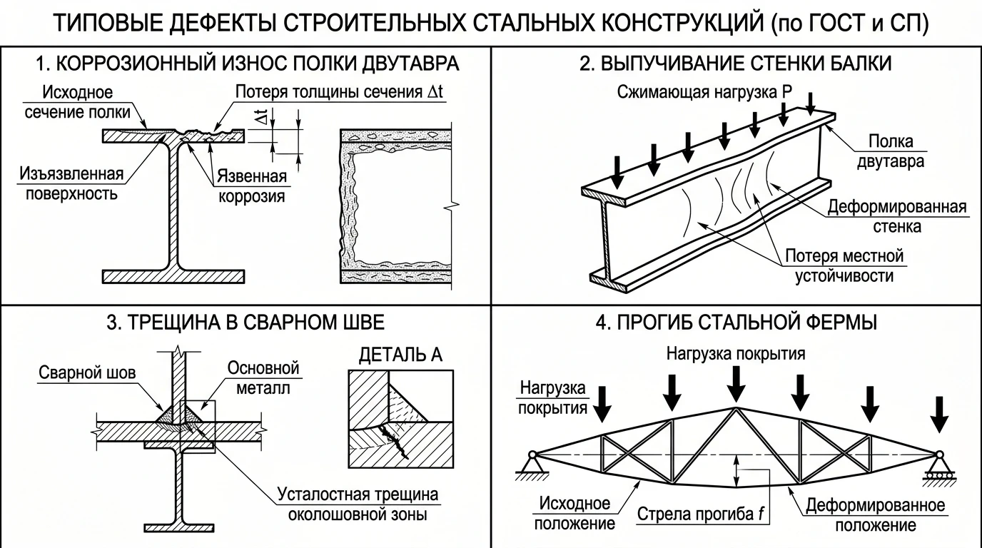Схема типовых дефектов стальных конструкций: коррозионный износ, выпучивание стенки, трещины швов и прогиб фермы