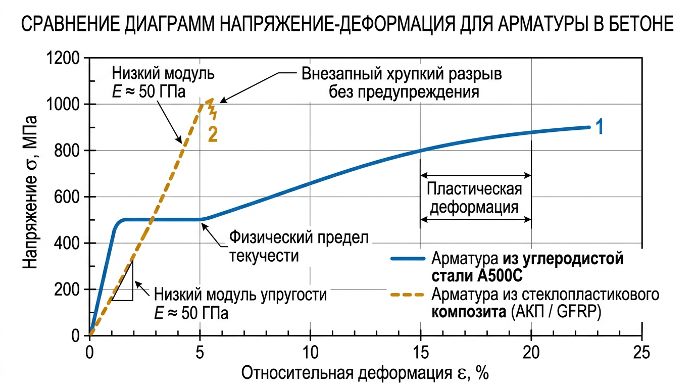 Сравнение диаграмм напряжение-деформация для стали А500С и стеклопластиковой арматуры АКП