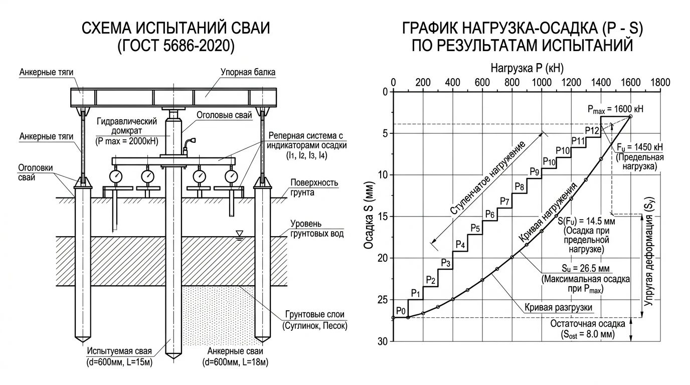 Схема установки и график зависимость осадки от нагрузки P-S при статических испытаниях свай