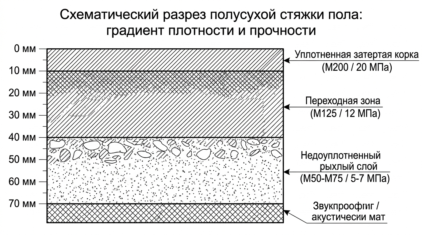 Градиент плотности и прочности полусухой стяжки по толщине сечения