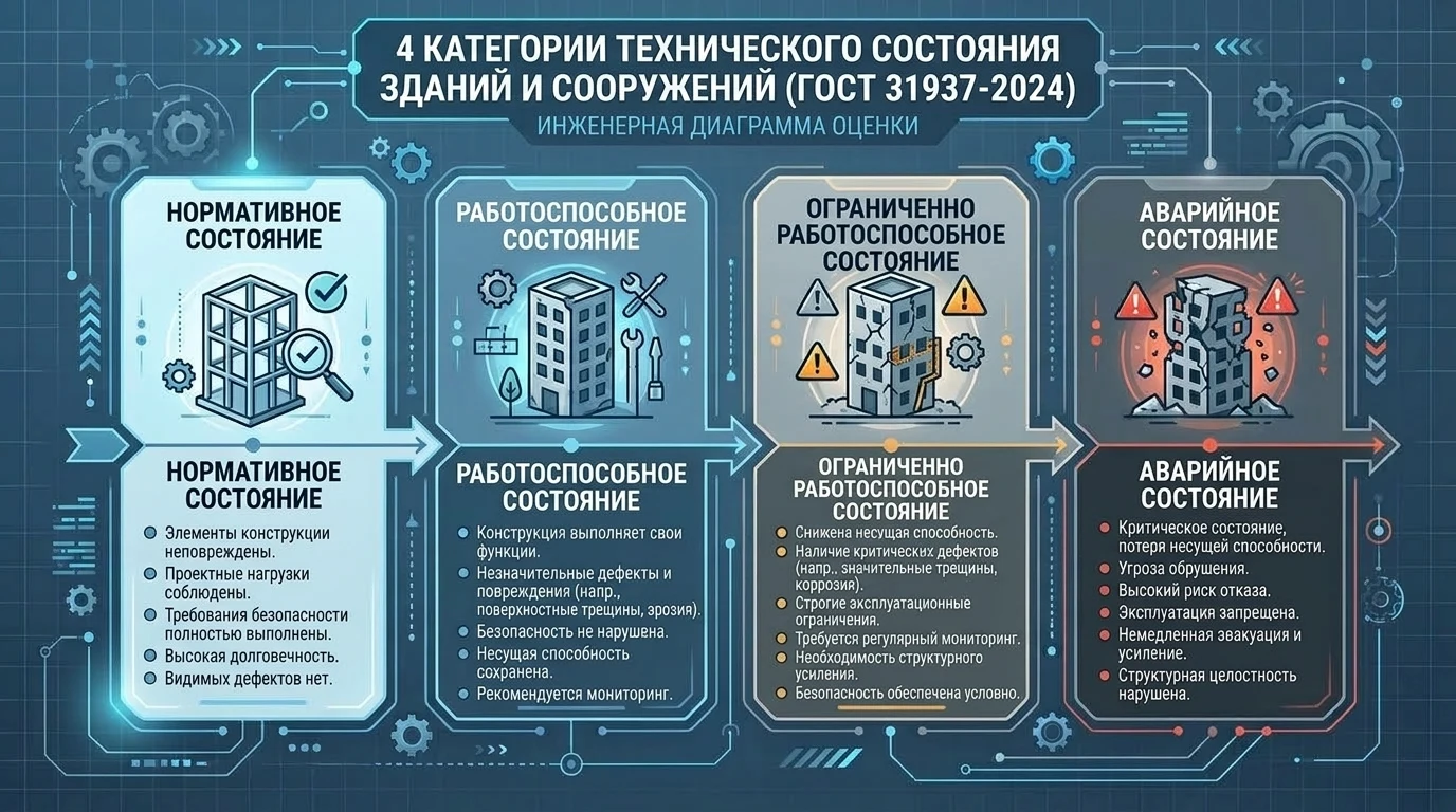 4 категории технического состояния зданий и сооружений по ГОСТ 31937-2024: инфографика