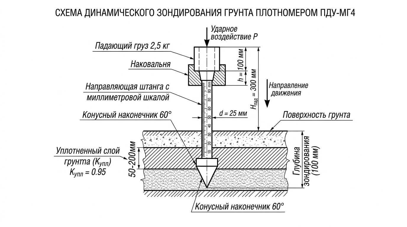 Схема динамического зондирования и определения плотности грунта конусным наконечником