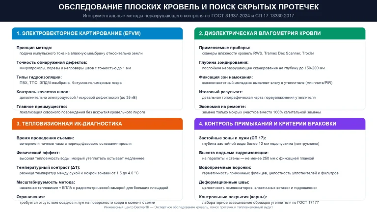 Методы поиска скрытых протечек плоской кровли: EFVM, сканирующая влагометрия, тепловизор и вскрытия