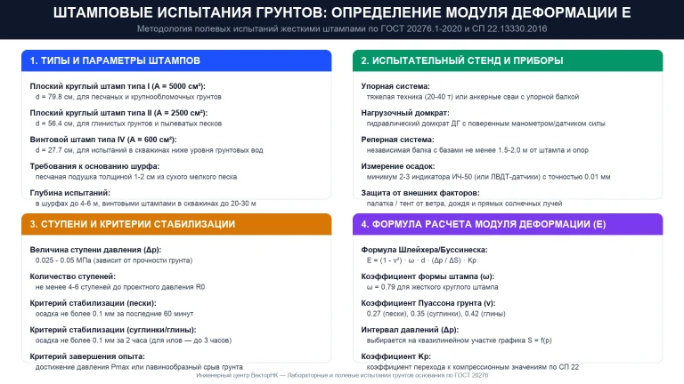 Штамповые испытания грунтов по ГОСТ 20276.1-2020: определение модуля деформации E плоскими и винтовыми штампами