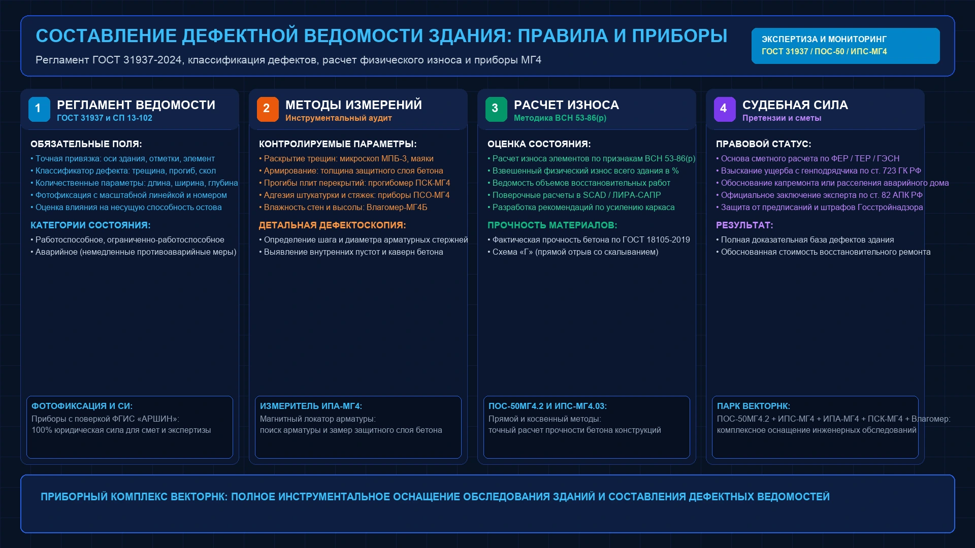 Инженерная схема составления дефектной ведомости здания: регламент ГОСТ 31937-2024, классификация дефектов, расчет износа по ВСН 53-86(р) и приборы МГ4
