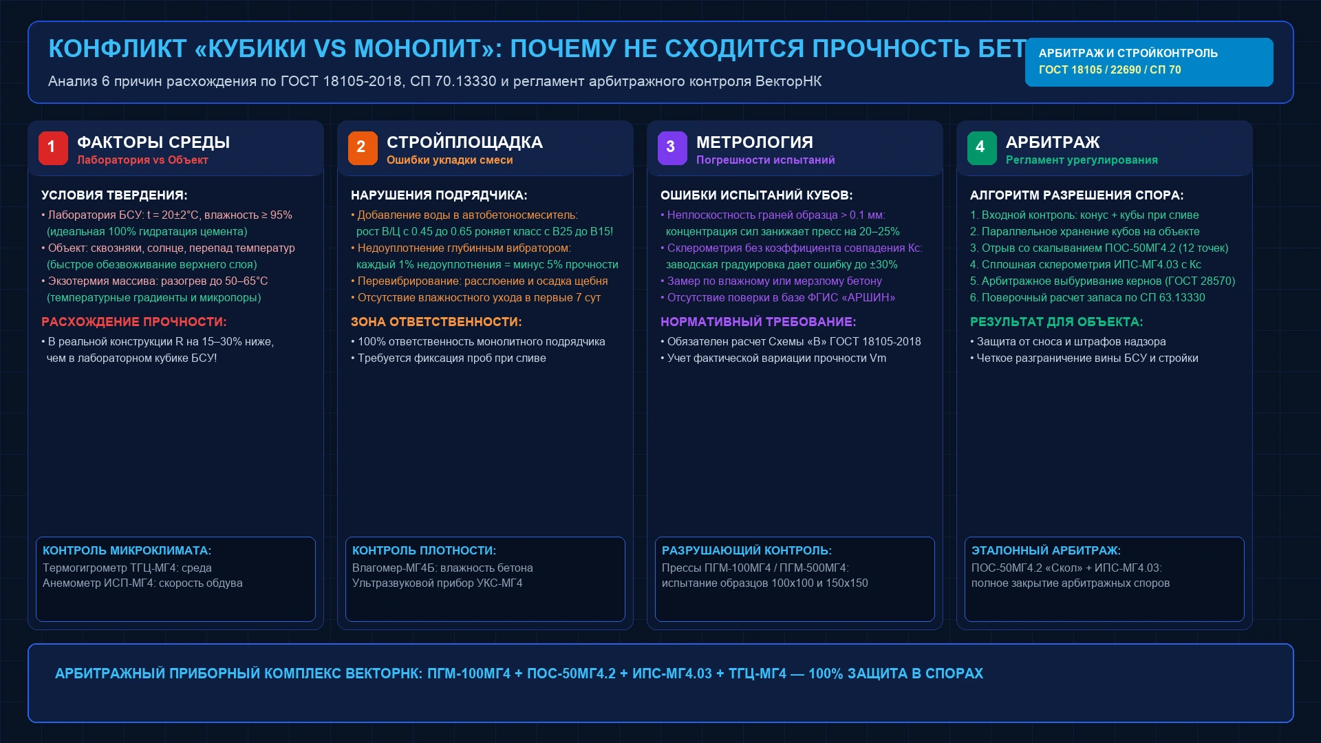 Инженерная схема причин расхождения прочности контрольных кубиков и монолита и регламент арбитражного контроля по ГОСТ 18105-2018