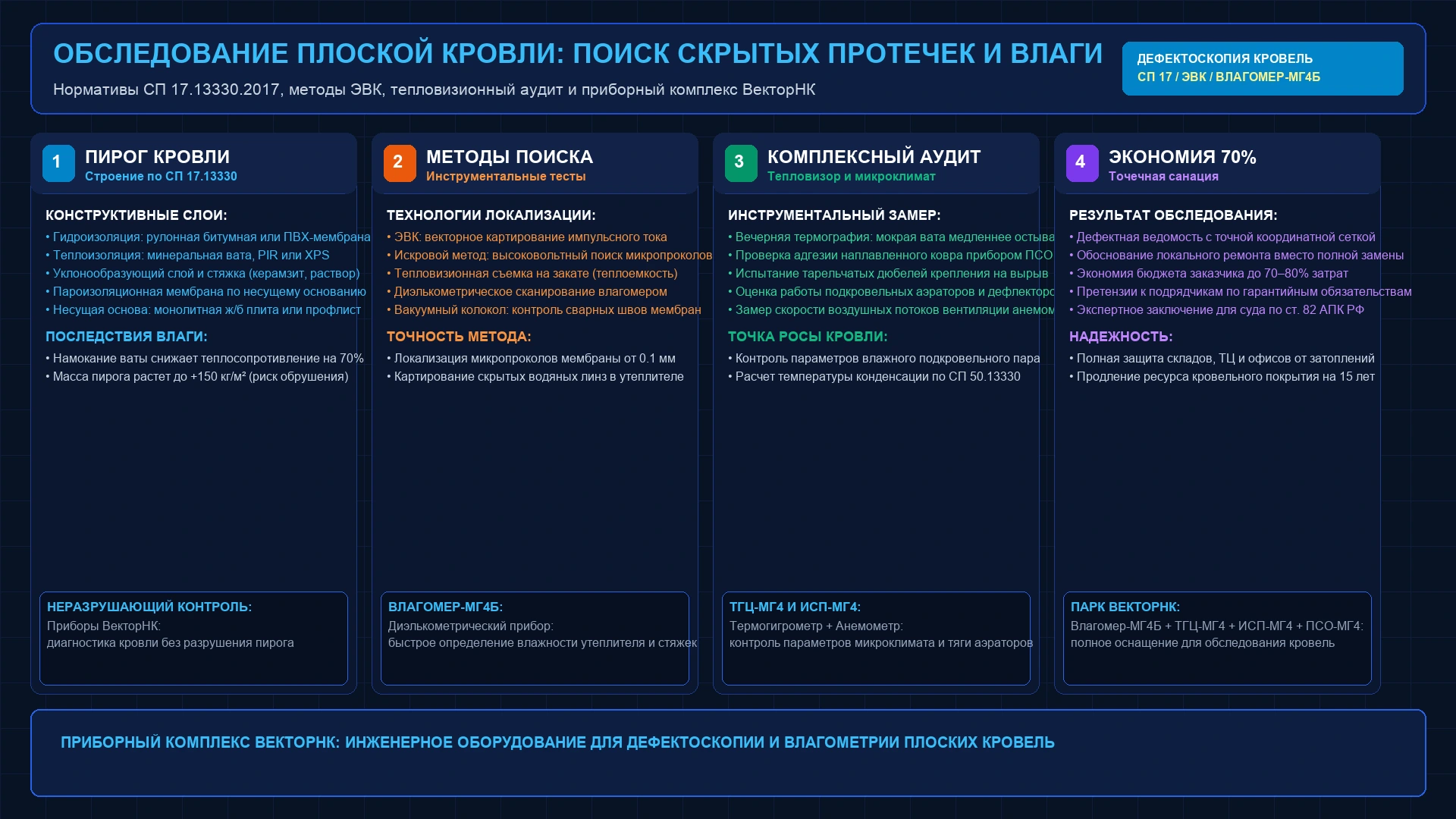 Инженерная схема обследования плоской кровли: слои пирога СП 17.13330, методы ЭВК и искрового контроля, тепловизионный поиск водяных линз и приборы ВекторНК
