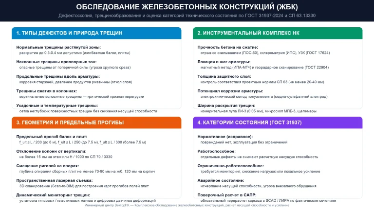 Обследование железобетонных конструкций: дефектоскопия, трещинообразование и оценка категорий технического состояния по ГОСТ 31937-2024 и СП 63.13330