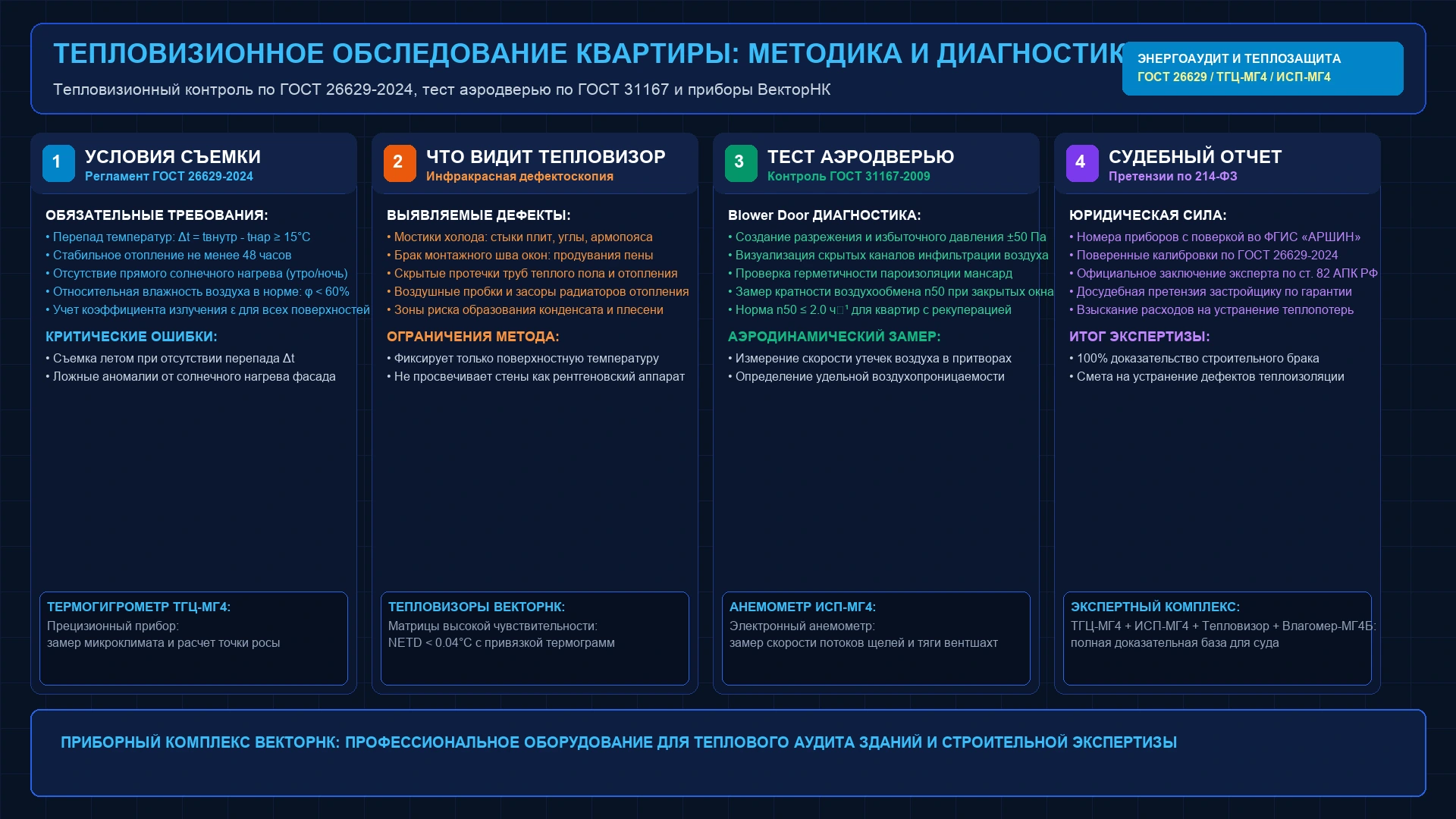 Инженерная схема тепловизионного обследования квартиры: методика ГОСТ 26629-2024, дефекты ограждающих конструкций, тест аэродверью ГОСТ 31167 и приборы ВекторНК