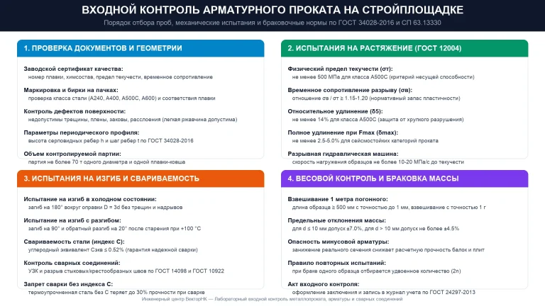 Входной контроль арматурного проката на стройплощадке по ГОСТ 34028-2016: испытания на растяжение, изгиб и браковка массы