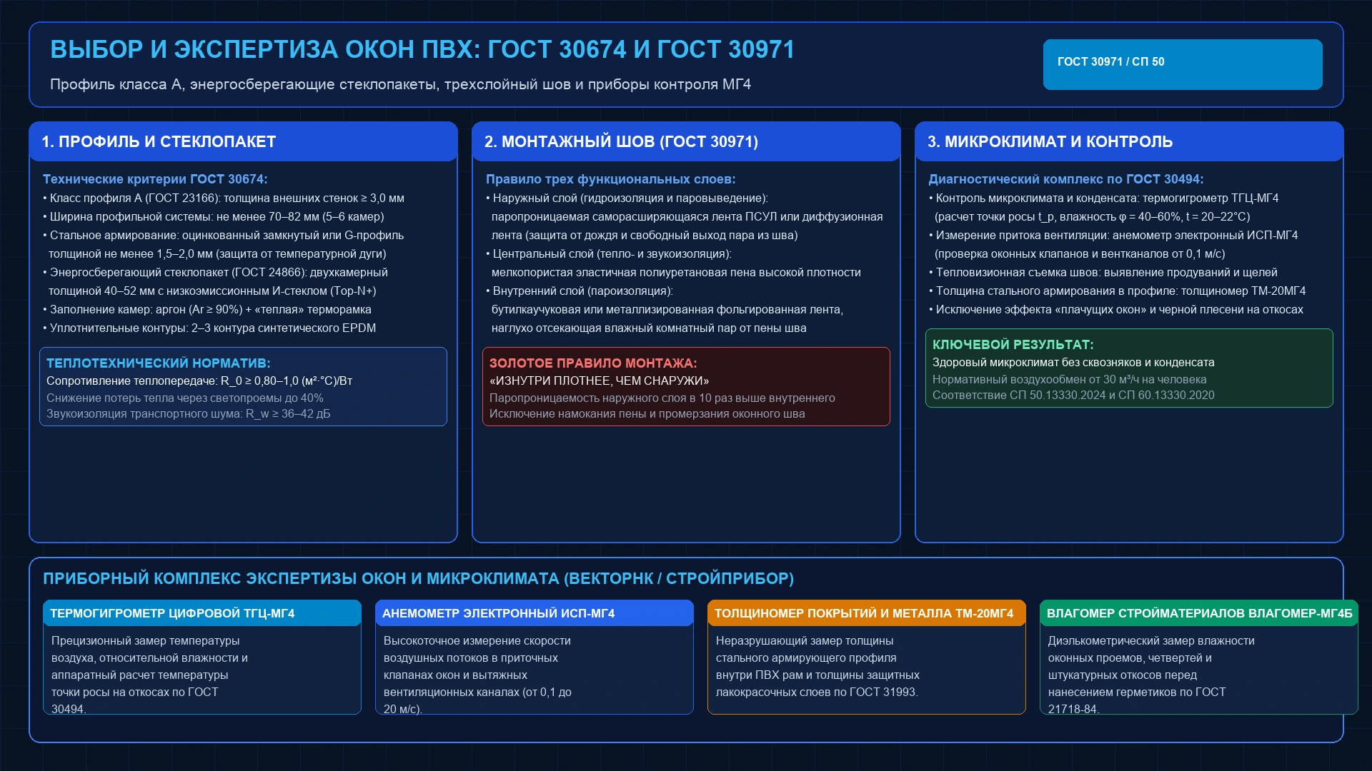 Инженерная схема выбора и монтажа окон ПВХ: профиль класса А по ГОСТ 30674, стеклопакеты ГОСТ 24866, трехслойный монтажный шов по ГОСТ 30971-2012, приборы контроля ТГЦ-МГ4 и ИСП-МГ4