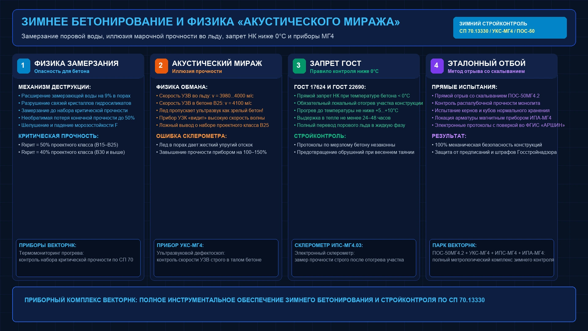 Инженерная схема зимнего бетонирования и акустического миража: физика замерзания воды, ошибка УЗК и склерометров во льду, регламент отогрева СП 70.13330 и приборы МГ4